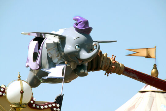 Dumbo, the flying elephant from Walt Disney. Attraction of the Euro Disney park in Paris. Flying elephants game.  The magic of Disney. Disney Land Paris. 
