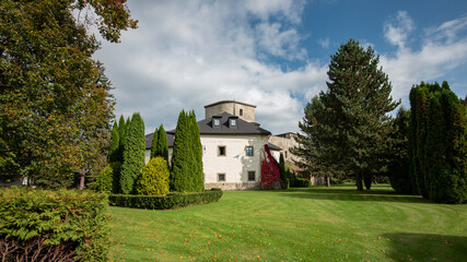 View from the garden to the castle and manor house in Liptovský Hrádok, a small town in Slovakia. 