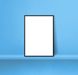 Black picture frame leaning on a blue shelf. 3d illustration. Square background
