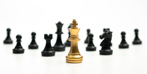 Golden Chess King standing to Be around of other chess, Concept of a leader must have courage and challenge in the competition, leadership and business vision for a win in business games