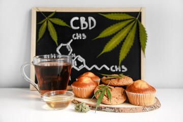muffins and cookies with CBD cannabis and leaf garnish. Medicinal products. Medical marijuana treatment for human consumption. Against a black board with CBD hemp formula.