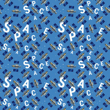 Vector Seamless Pattern with Satellite and Word Space on Blue Sky Color Background with Star. Space Technology Illustration. Design