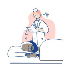 The doctor stands behind his patient and makes about heart impulses during sleep. Healthcare.