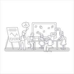 Group of office workers sitting at desks and communicating or talking to each other. Dialogs or conversations between colleagues or clerks at the workplace. Black and white illustration.