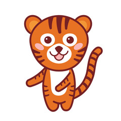 Cute smiling Tiger Cub in cartoon style, isolated on white.  Tiger cub mascot with kawaii muzzle. Chinese Tiger Symbol of the year 2022. Good for web and print