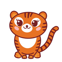 Funny sitting Tiger Cub, in cartoon style. Cute smiling tiger, isolated on white.  Tiger cub mascot with kawaii muzzle. Chinese Tiger Symbol of the year 2022. Good for web and print