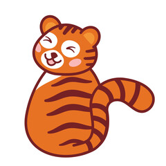 Obraz premium Cute Tiger Cub sitting and smiling. Trendy illustration in cartoon style, isolated on white. Tiger cub mascot with kawaii muzzle. Chinese Tiger Symbol of the year 2022. Good for web and print