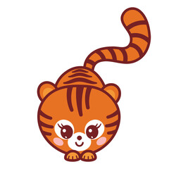 Adorable  Tiger Cub playing and smiling. Trendy illustration in cartoon style, isolated on white.  Tiger cub mascot with kawaii muzzle. Chinese Tiger Symbol of the year 2022. Good for web and print