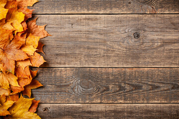 Autumn background with fall maple leaves on wooden background