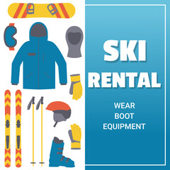 Ski rental template. Skiing and snowboarding equipment. Winter sport