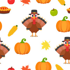 Thanksgiving day pattern of turkey poultry, pumpkin, corn