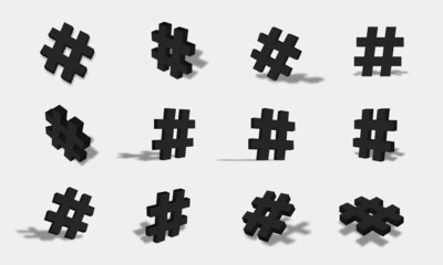 Black 3d hashtag icon illustration with different views and angles