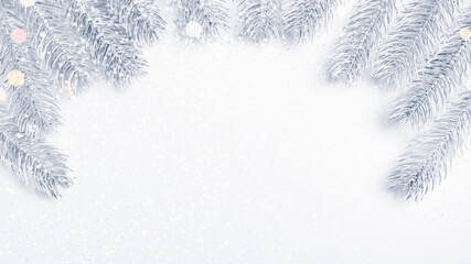 White Christmas banner with frosted Christmas tree