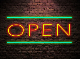 Neon Sign open Word on dark brick wall background with glowing text and  Bright  Stripes. Business open concept 