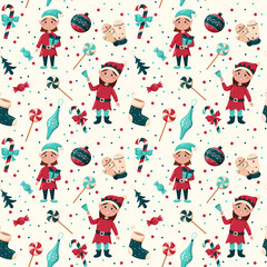 Christmas seamless pattern with elves, candy, Christmas socks, Christmas toys, pattern for decor, gift paper and packaging