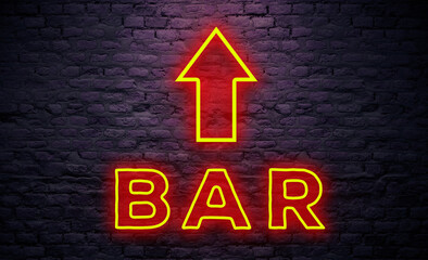 Neon bar Arrow Sign On Brick dark Wall. Glowing Bar text  on vintage Textured Background. Bar Direction signboard Concept 