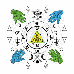 Graphic tee design with eye symbol and tarot. Illustration of zodiac, gothic, t-shirt design. Clothing, apparel. Beach and sea. Adventure, trip, vacation. Nature logo, holiday. Summer vibe. Rockland 