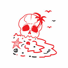 Graphic tee  with skull symbol. Illustration of beach, summer time, t-shirt design. Clothing, apparel. Beach and sea. Adventure, trip, vacation. Skull logo, holiday. Summer vibe. Island landmark