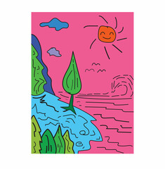 Graphic tees design nature panorama. Illustration of beach, summer time, t-shirt design. Clothing, apparel. Beach and sea. Adventure, trip, vacation. Nature logo, holiday. Summer vibe. Island landmark