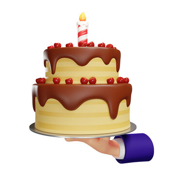 Two-tier birthday cake in chocolate glaze in hand, isolated illustration on white background, 3d rendering