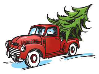 Christmas Truck & Tree. Vintage Silhouette Red Truck. Winter Vector. Merry Christmas. Christmas Tree on retro Truck. Clipart
