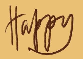 Word happy on the ocher background.