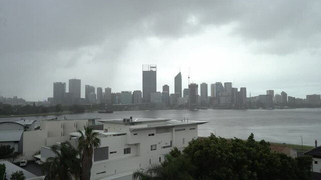 a view of Perth city skyline on a rainy day