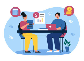 Family budget planning concept. Man and woman sitting at table and analyzing income and expenses. Calculating taxes and saving money. Cartoon flat vector illustration isolated on white background