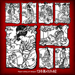 美しい切り絵デザインセット – 美人画、浮世絵イラスト/ Collection of Japanese Paper-cutting Art Design - Japanese beauty - Vector Illustration