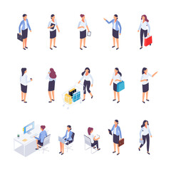 Set of isometric people. 3d women in different poses. Office workers, buyers. Vector illustration.