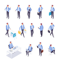 Set of isometric people. 3d men in different poses. Office workers, buyers. Vector illustration.