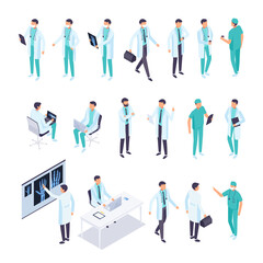 Isometric doctors set. 3d male doctors in different poses, therapist, radiologist, nurse. Isometric people in flat style. Vector illustration.