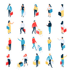 Isometric shoppers set. 3d men and women in different poses, buyers with bags and shopping carts. Isometric people in flat style. Vector illustration.