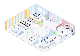 Coworking center isometric concept. 3d interior of a coworking hall. Workspace for team work, freelance. Vector illustration.
