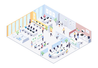 Coworking center isometric concept. 3d people, men and women, freelancers work in a coworking center. Vector illustration.