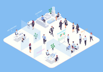 Employment agency isometric concept. 3d infographics of a recruiting agency. Vector illustration.
