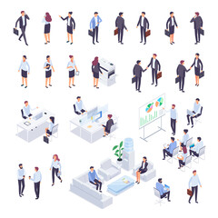 Set of isometric businessmen isolated on white background. 3d businessmen and business women, front and back view. Isometric people in business suits in different poses. Vector illustration.