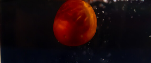 Fresh tomato underwater surrounded by bubbles with black background
