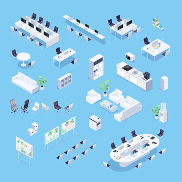 Isometric set of office furniture icons. 3d office desks, file storage, office chairs, workplace, computers, recreation area, water cooler and plants. Vector illustration.