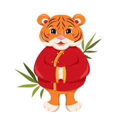 Chinese tiger in traditional Chinese costume, New Year's symbol, bamboo, New Year's character, stickers