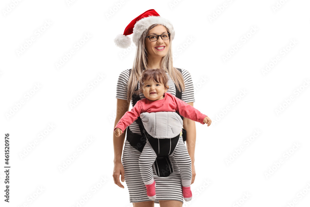 Sticker Smiling mother with a Santa Claus hat and a baby in a carrier