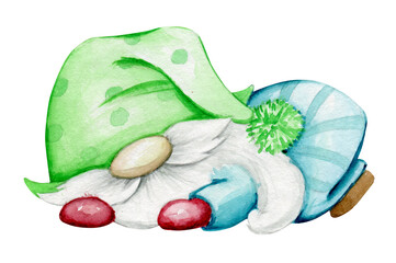 The cute gnome is sleeping. Watercolor illustration, on an isolated background, in cartoon style.