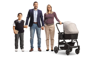 Full length portrait of a family of a father, mother with a baby stroller and a schoolboy - obrazy, fototapety, plakaty