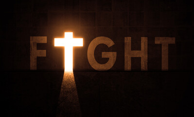Fight Cross Door Light In dark big Concrete Hall. Fight World Letters On Grungy wall with glowing...