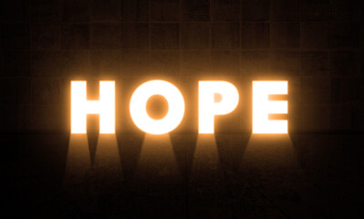 Hope Doors Concept. Glowing Hope letters On A Grungy Wall in a big Hall. Light Door Glowing Bright Letter. Hop Doorway and Opportunity Concept 