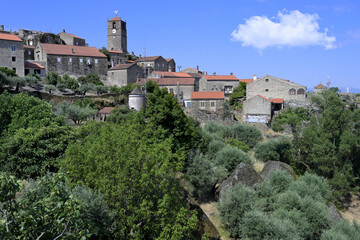 Fototapeta premium View over the city and the Lucano or clock tower, Monsanto, Historic village around the Serra da Estrela, Castelo Branco district, Beira, Portugal