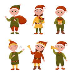 A set of Christmas elves in traditional festive costumes and Christmas hats, singing elf, elf girl, elf gives gifts, rings a bell, blows a pipe, festive characters