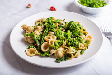 Orecchiette with turnip tops, a typical dish of Italian cuisine