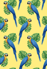 Naklejka premium Seamless Pattern with hand-drawn Parrot and palm leaves, digitally colored