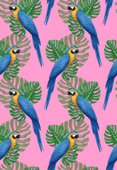 Seamless Pattern with hand-drawn Parrot and palm leaves, digitally colored